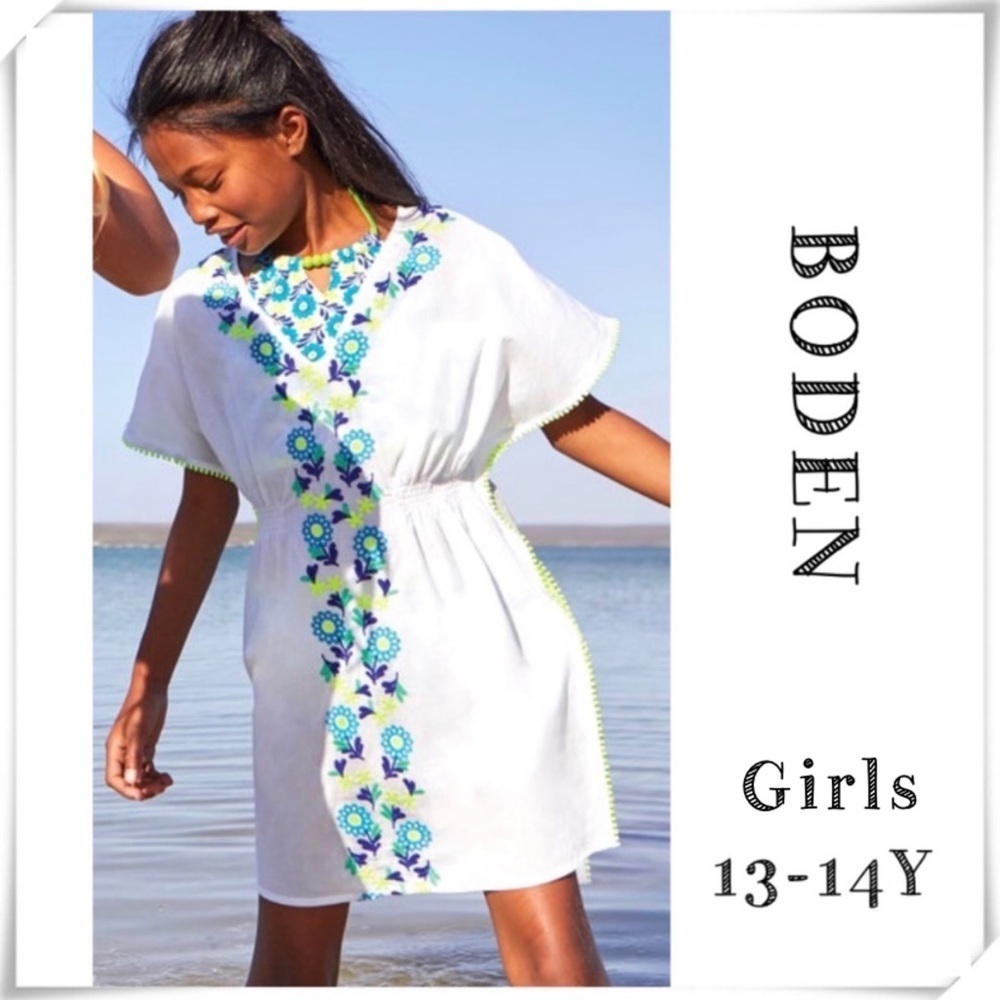 BODEN Girls Floral Embroidered Mexican Kaftan Dress in White / Blue/ Neon Yellow